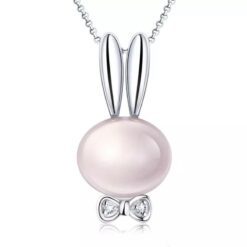 Silverfärgat kanin halsband med kedja och rosa imitations pärla