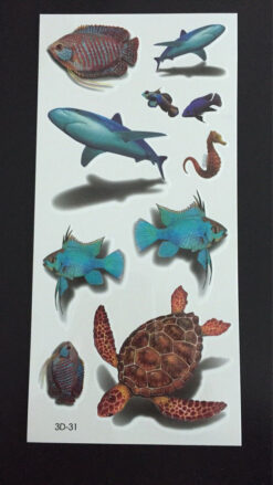 Tillfällig Tatuering 19 x 9cm - 3D fiskar sköldpadda haj