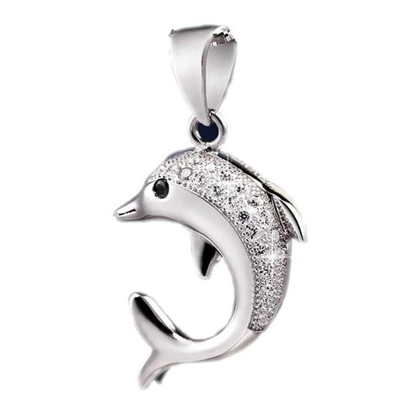 Silverfärgat delfin halsband med kedja och vit strass