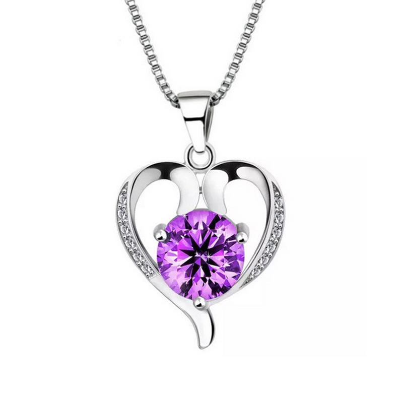 Silverfärgat hjärt halsband med kedja och lila strass