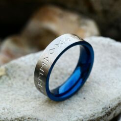 Ring - Nordisk mytologi - Runor Borstat stål/ Blå 6mm