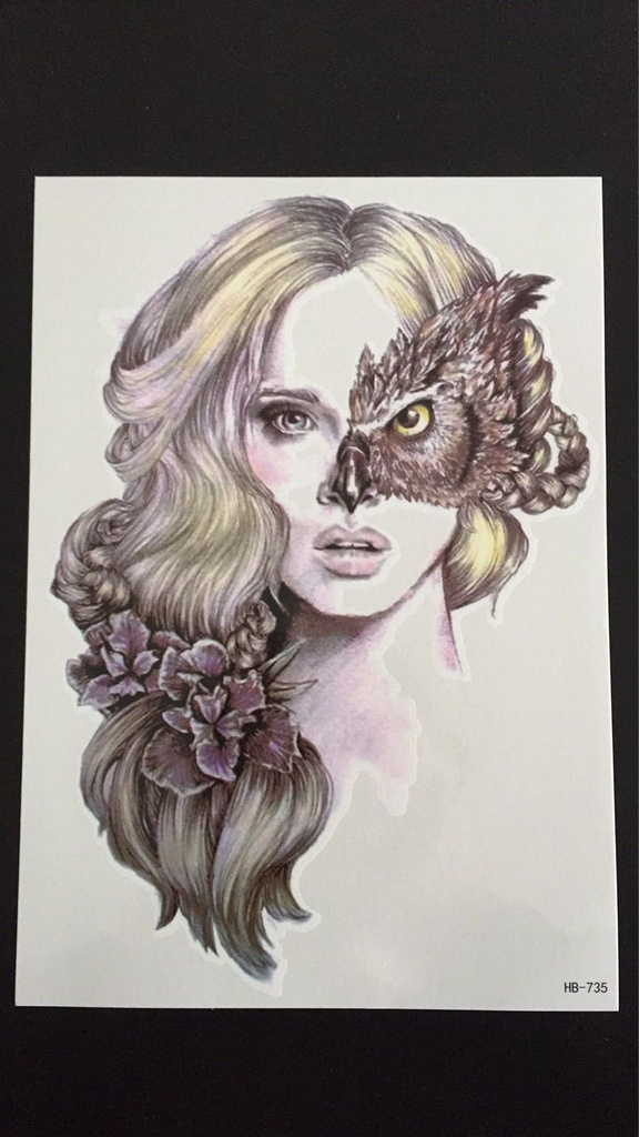 Tillfällig Tatuering 21 x 15cm - flicka uggla morph