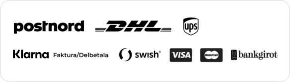 Logos of shipping and payment providers including PostNord, DHL, UPS, Klarna, Swish, Visa, Mastercard, and Bankgirot used on BilligtBling.se